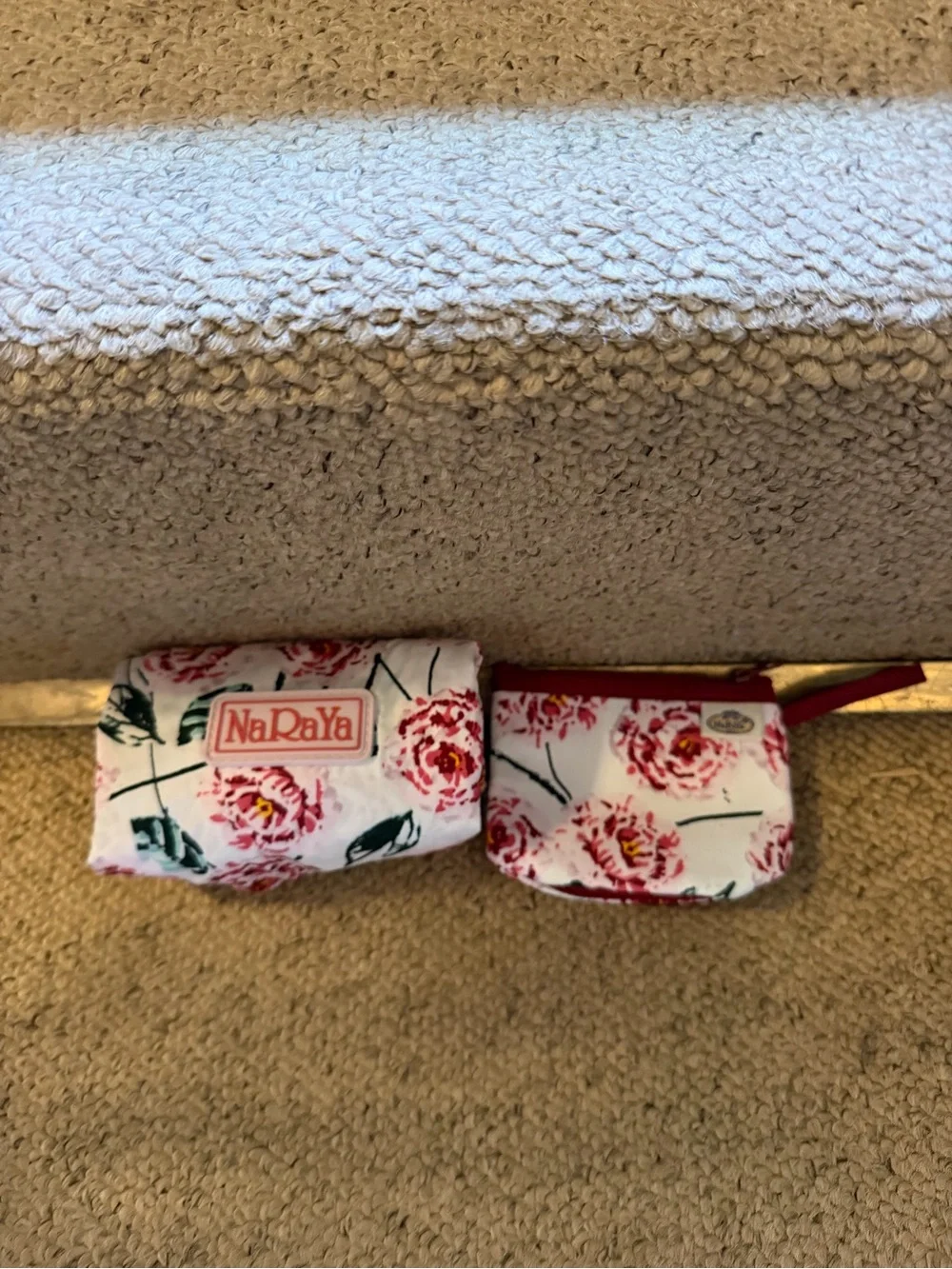 NaRaYa White & Pink Floral Mini Pouch with fold up shopping sack